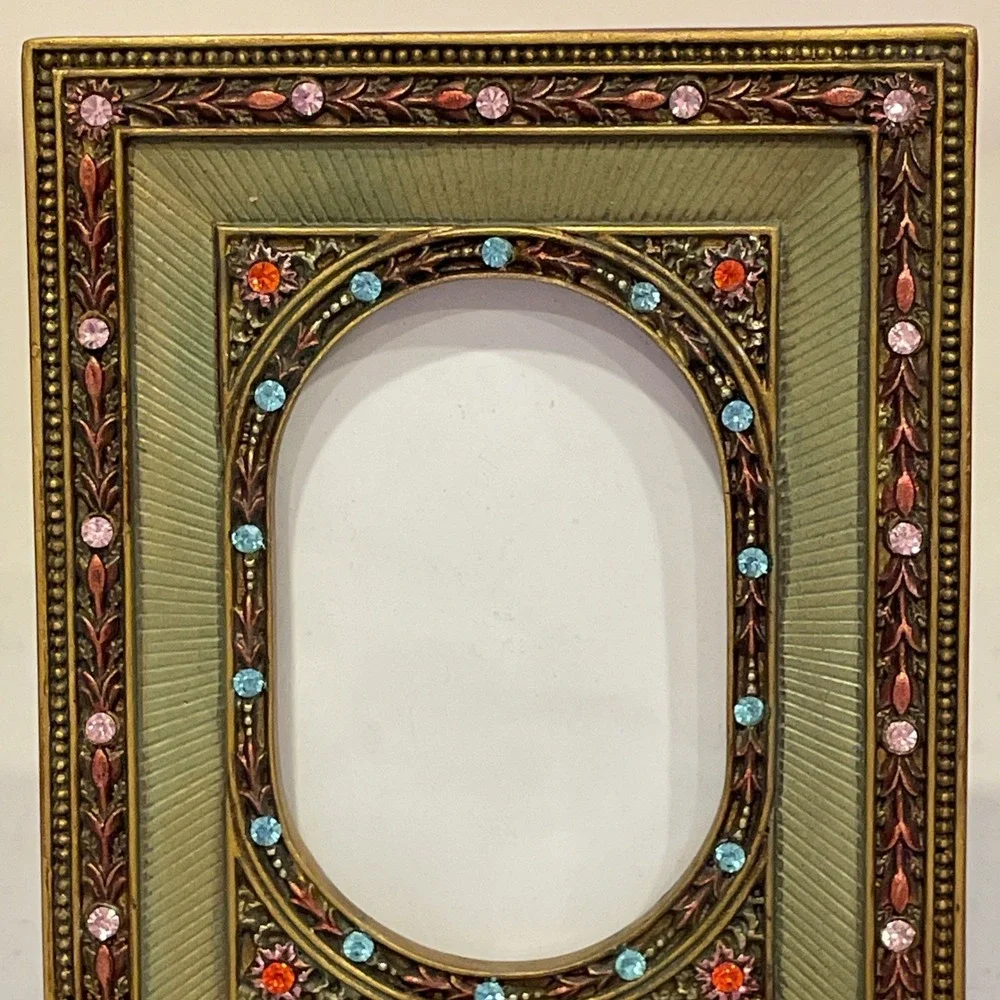 Vintage Style Art Nouveau Small Picture Frame Rhinestones Floral 3.5